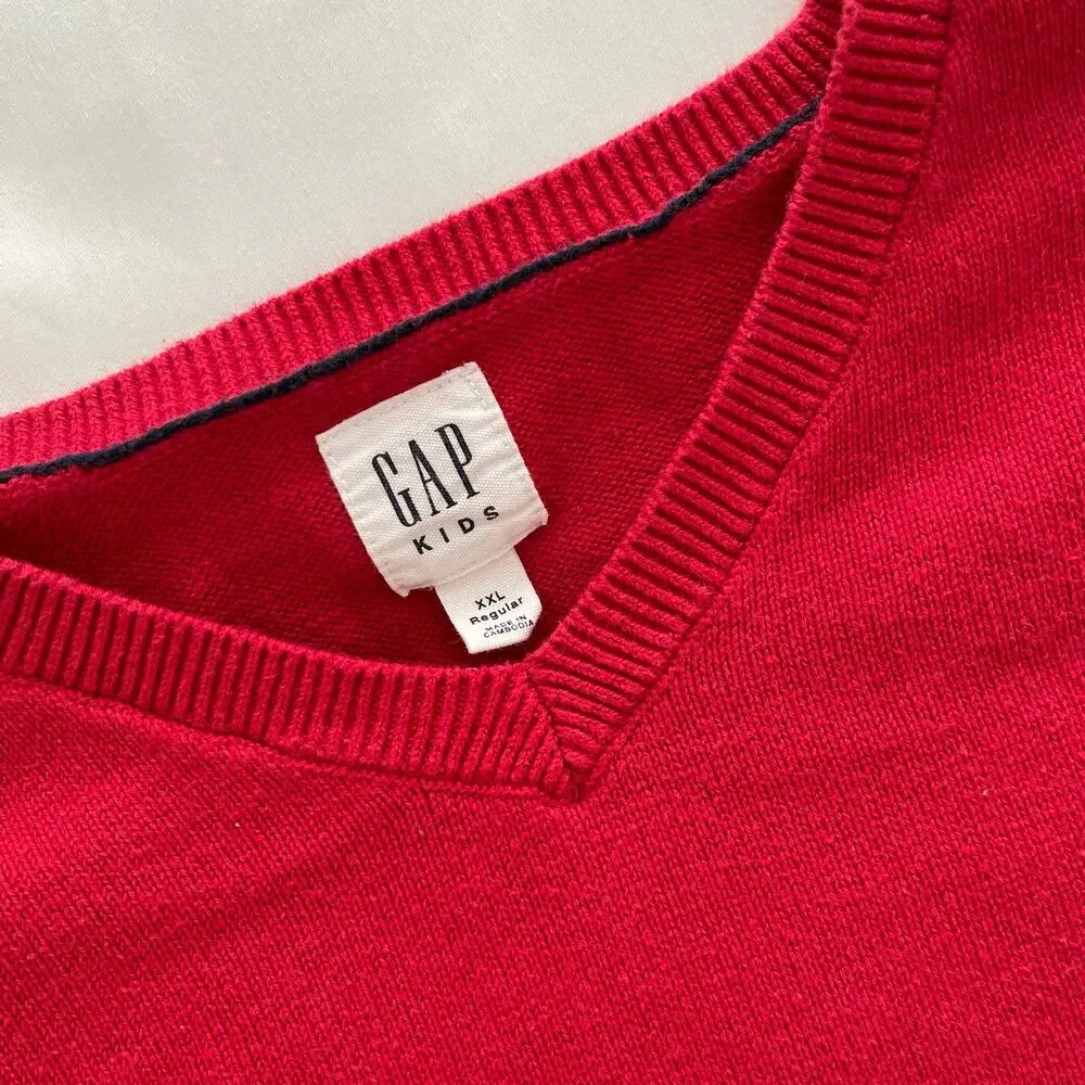 Gap Kids Boys Red Knit Sweater V-Neck Cotton Longsleeve Everyday Size XXL 14-16